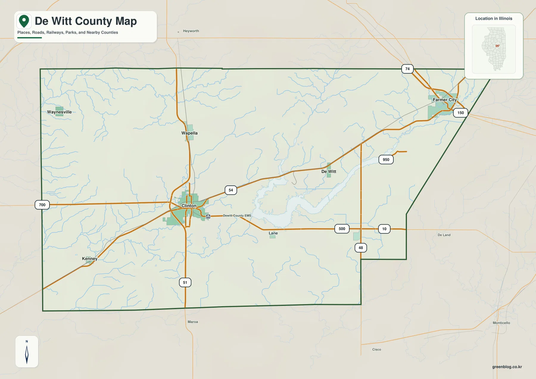 De Witt County Illinois overview map showing Clinton, Farmer City, Wapella, Waynesville, Kenney, Weldon, Route 54, Route 51, 74, 150, railways, streams, and county boundaries