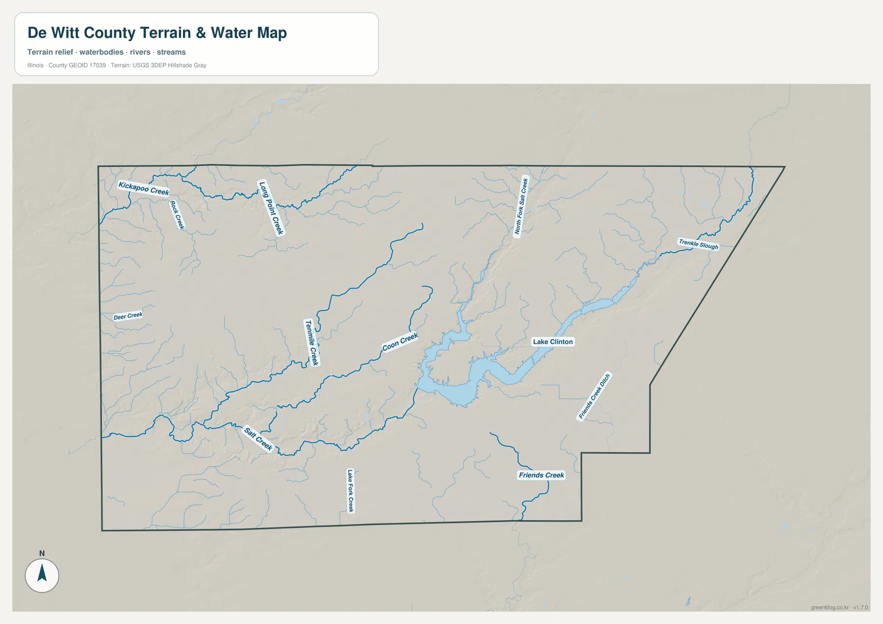 De Witt County Illinois terrain and water map showing Lake Clinton, Salt Creek, Coon Creek, Tenmile Creek, North Fork Salt Creek, Kickapoo Creek, Friends Creek, and Trenkle Slough
