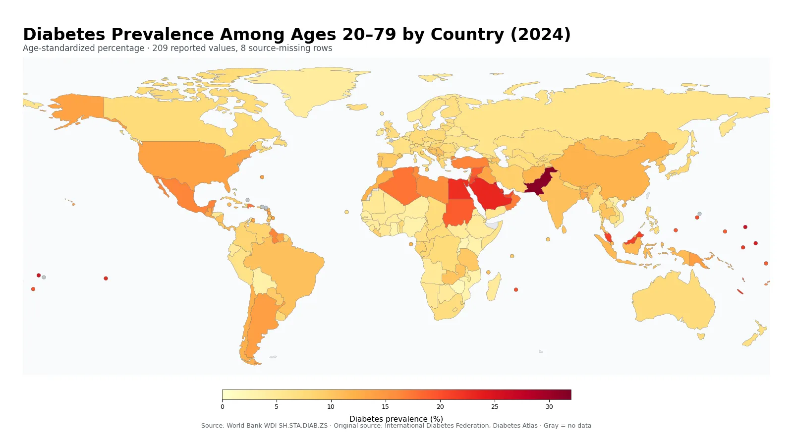 World map of age-standardized diabetes prevalence among people ages 20 to 79 in 2024