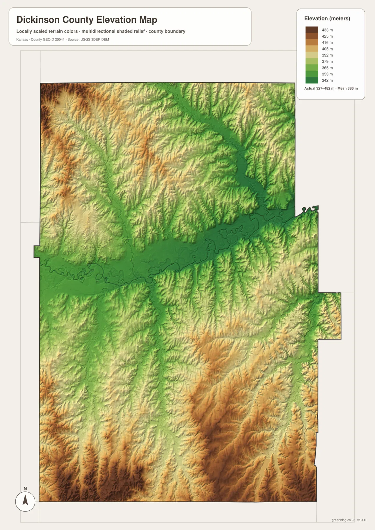 디킨슨 카운티 고도 지도에 표시된 327~482m 범위, Smoky Hill River 저지와 북서·남부 구릉