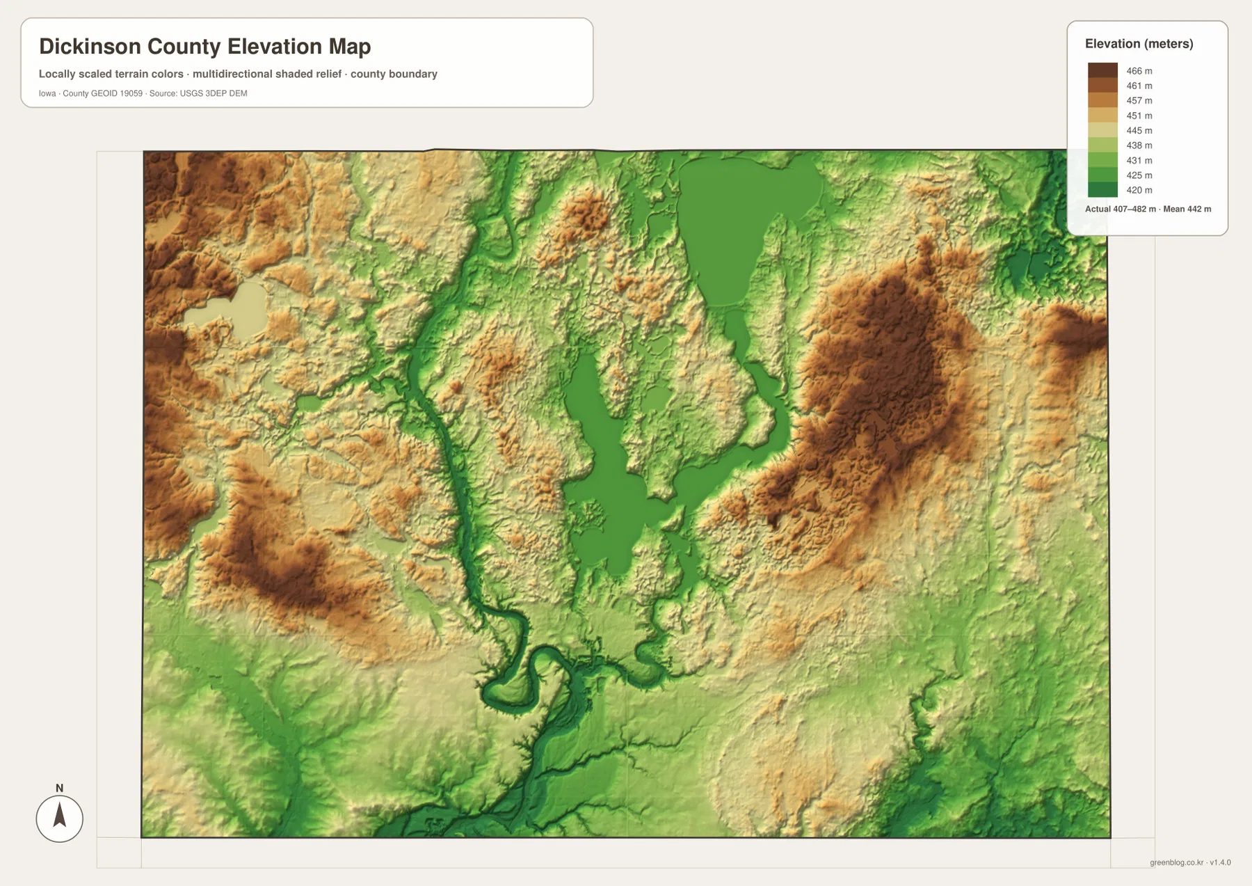 Dickinson County Iowa elevation map 407 to 482 meters Spirit Lake Okoboji basins