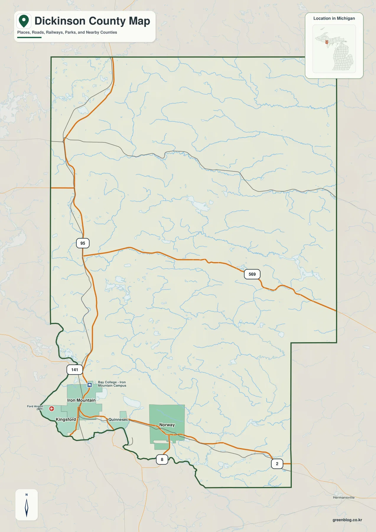 Iron Mountain, Kingsford, Quinnesec, Norway와 M-95, US-141, US-2, US-8, County Road 569가 표시된 Dickinson County Michigan 지도