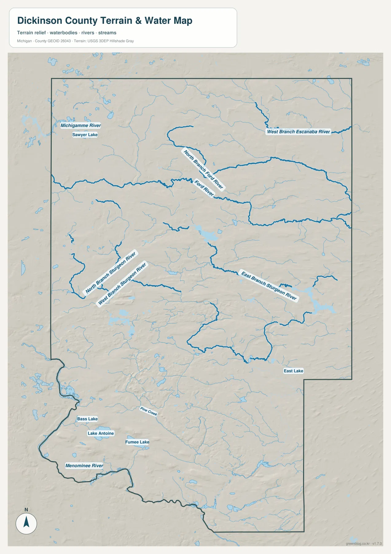 Ford River, North Branch Ford River, West Branch Escanaba River, Michigamme River, Sturgeon River 지류, Menominee River, Lake Antoine, Fumee Lake와 East Lake가 표시된 Dickinson County 지형 수역 지도