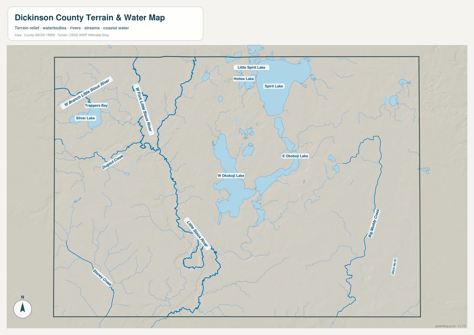 Dickinson County Iowa water map Spirit Lake Okoboji lakes Silver Lake Little Sioux River