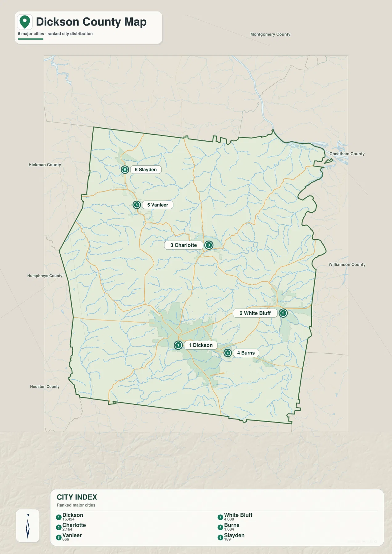 Dickson County city map showing Dickson, White Bluff, Charlotte, Burns, Vanleer, and Slayden