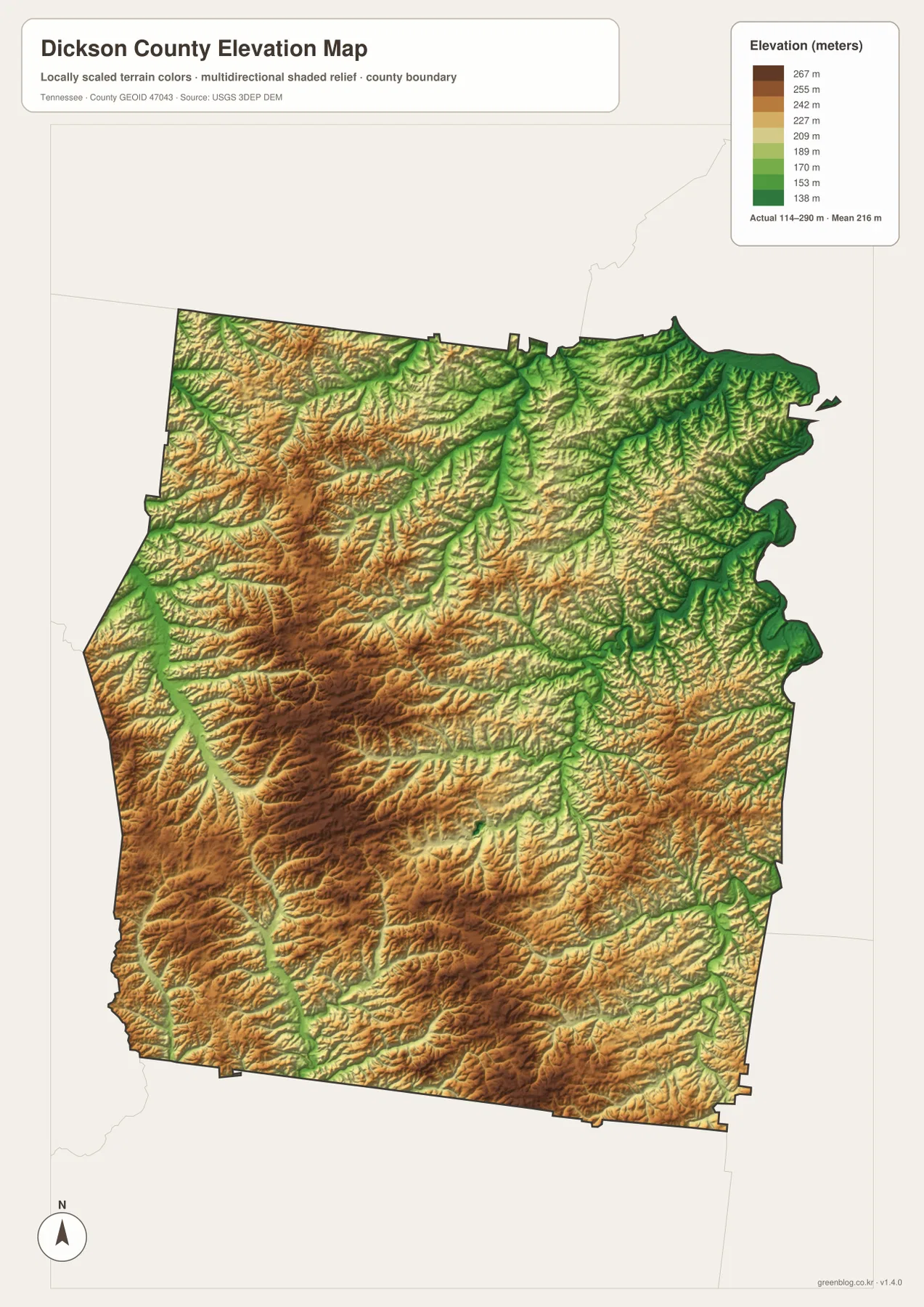 Dickson County elevation map showing terrain from about 114 to 290 meters