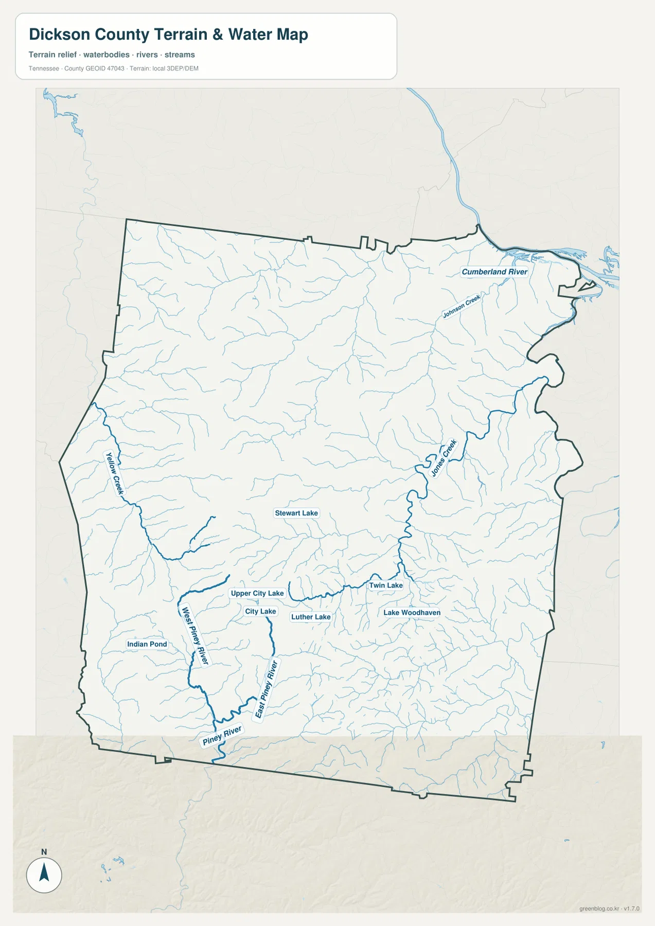 Dickson County water map with Cumberland River, Jones Creek, Yellow Creek, West Piney River, East Piney River, and Piney River