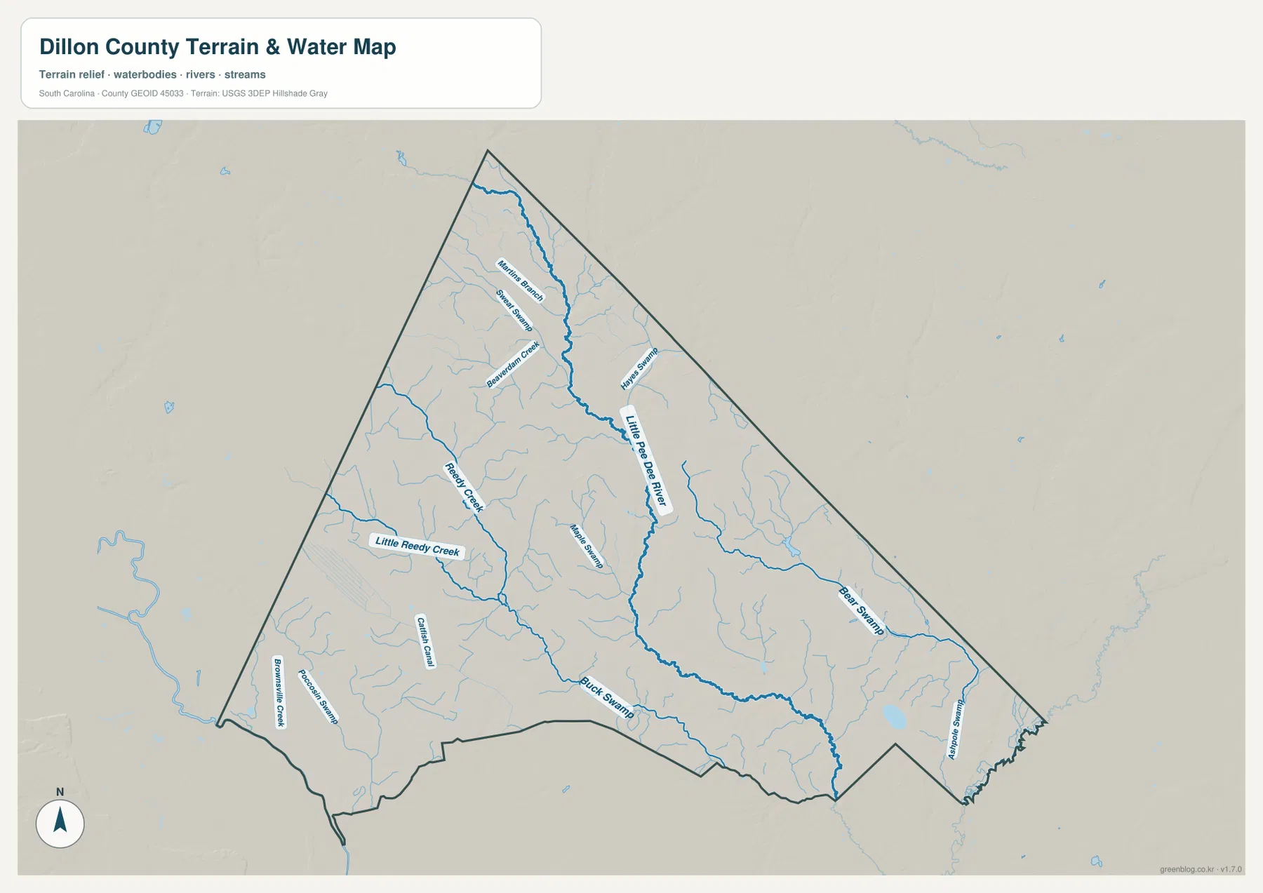 딜런 카운티 수역 지도 - Little Pee Dee River, Reedy Creek, Little Reedy Creek, Beaverdam Creek, Bear Swamp, Buck Swamp
