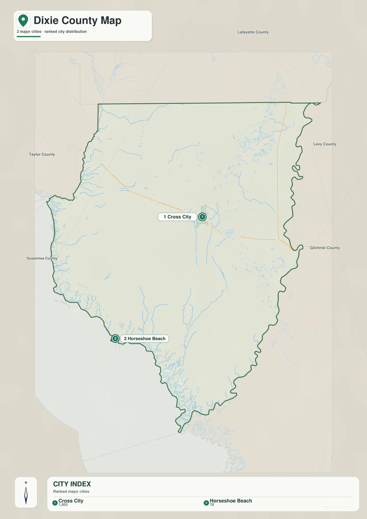 Dixie County city map highlighting Cross City and Horseshoe Beach