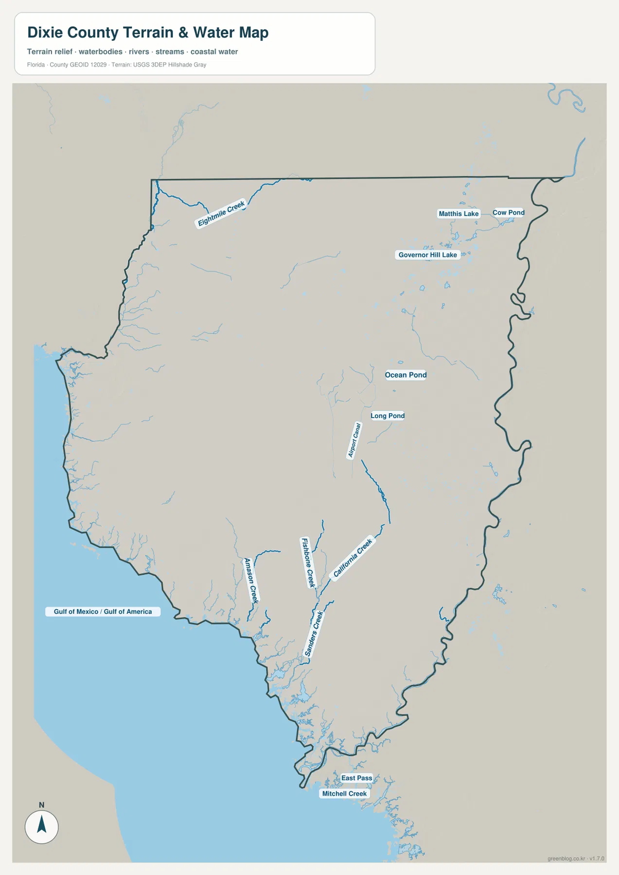 Dixie County water map showing Eightmile Creek, Fishbone Creek, California Creek, Sanders Creek, and coastal channels