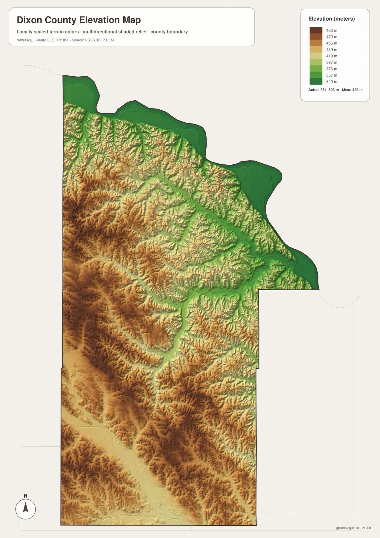 낮은 Missouri River 저지와 높은 서쪽·남서쪽 구릉을 보여 주는 Dixon County 고도 지도