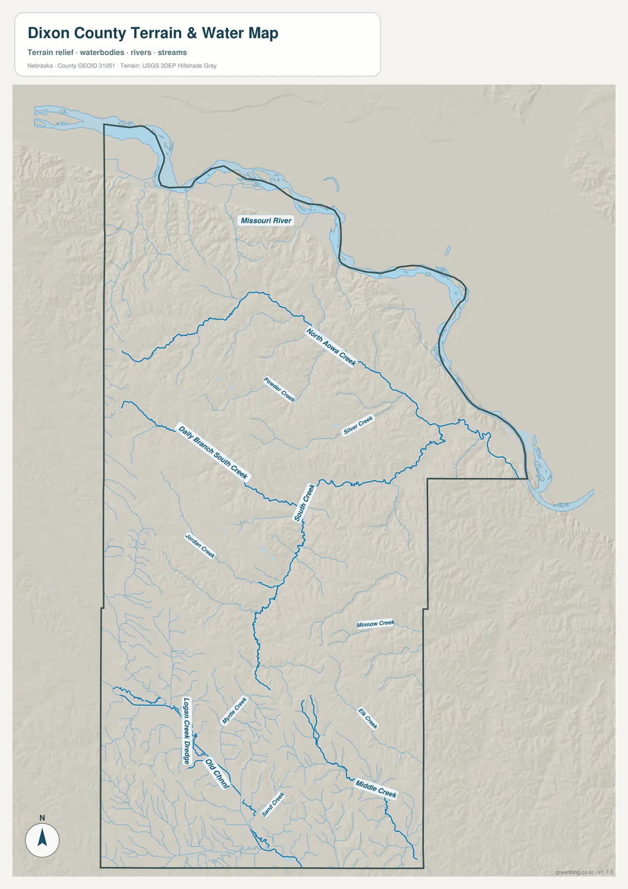 Missouri River, South Creek, Powder Creek, Silver Creek, Jordan Creek, Minnow Creek와 주요 지류를 보여 주는 Dixon County 수역 지도