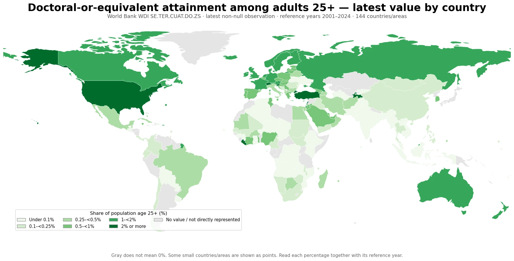 World map of the latest doctoral-or-equivalent educational attainment share among the population age 25 and older