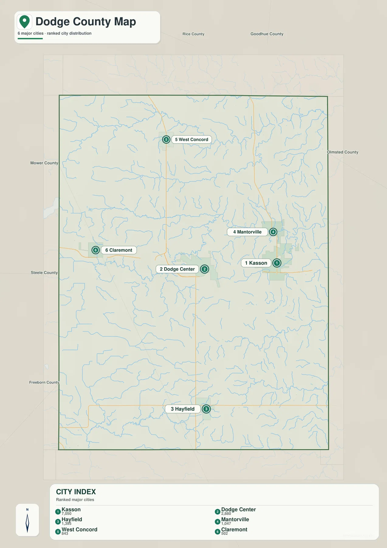Kasson Dodge Center Hayfield and other Dodge County cities map