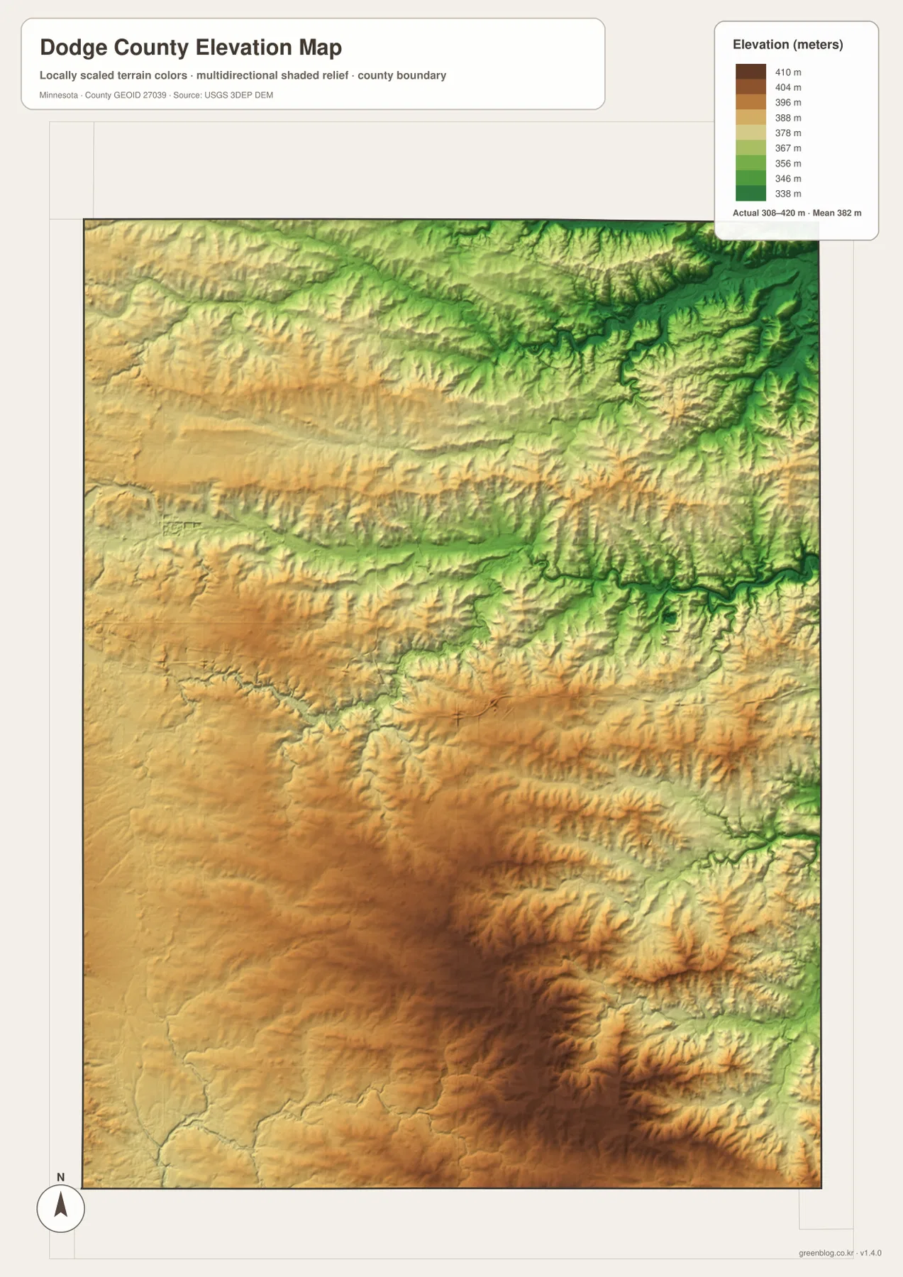 Dodge County Minnesota elevation map from 308 to 420 meters