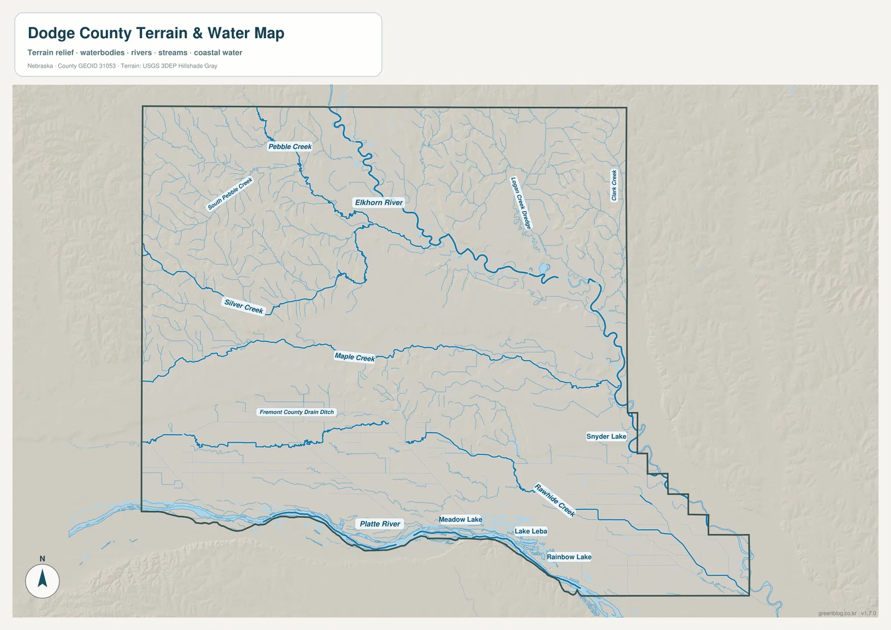 Platte River, Elkhorn River, Maple Creek, Silver Creek, Pebble Creek, Rawhide Creek와 주요 수역을 보여 주는 Dodge County 수역 지도