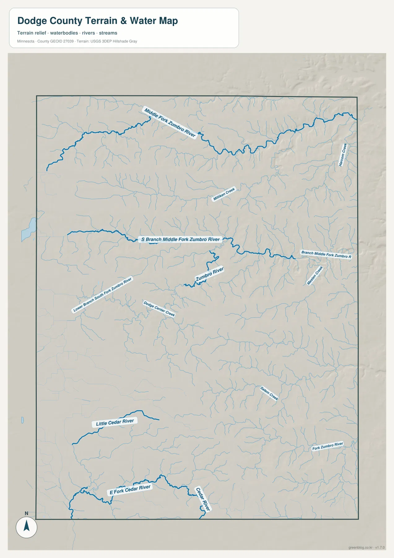 Dodge County Zumbro River and Cedar River water map