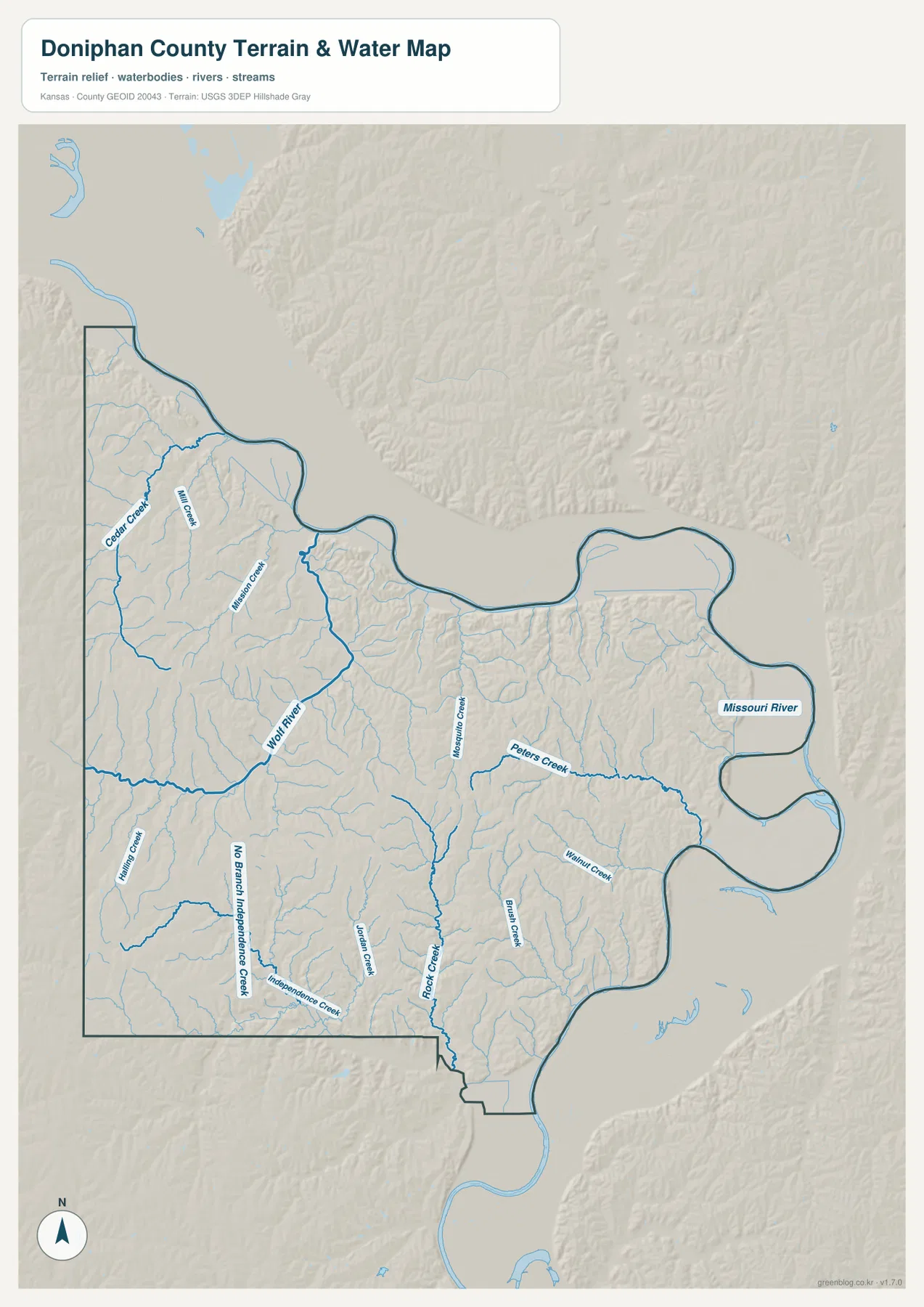 도니펀 카운티 수역 지도에 표시된 Missouri River, Wolf River, Cedar Creek, Mill Creek, Peters Creek, Rock Creek과 주요 지류