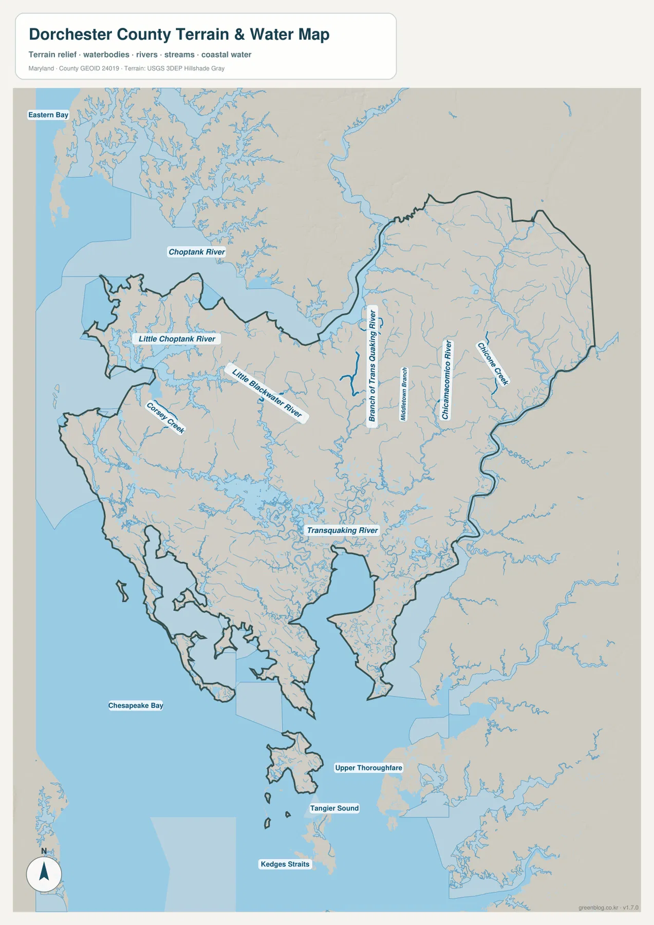 Dorchester County Maryland 수역 지도에 Choptank River, Little Choptank River, Little Blackwater River, Transquaking River, Chicamacomico River, Chicone Creek, Chesapeake Bay와 Tangier Sound가 표시된 모습