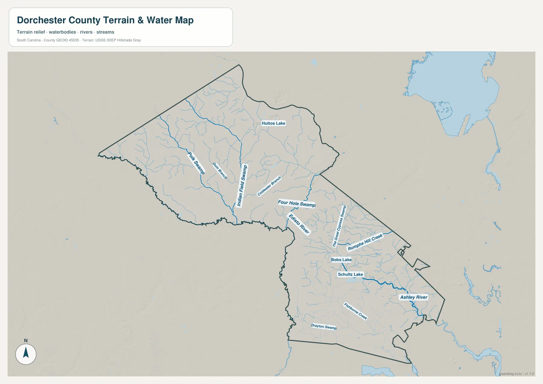 Dorchester County terrain and water map showing Four Hole Swamp, Edisto River, Ashley River, Indian Field Swamp, Great Cypress Swamp, Huttos Lake, Robs Lake, and Schultz Lake