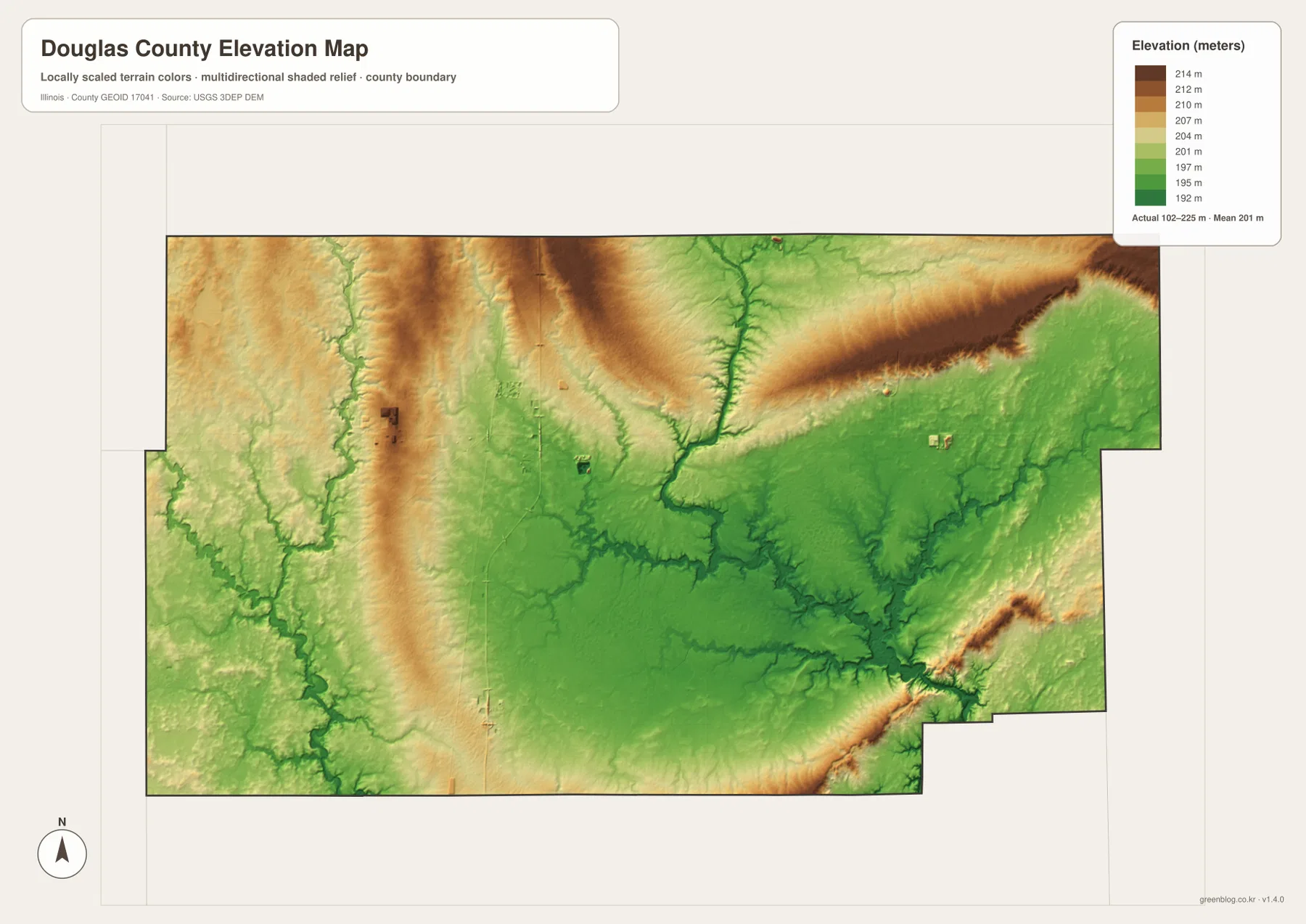 Douglas County Illinois elevation map showing high north-central and northeastern terrain and lower Kaskaskia and Embarras river corridors across an actual range of about 102 to 225 meters