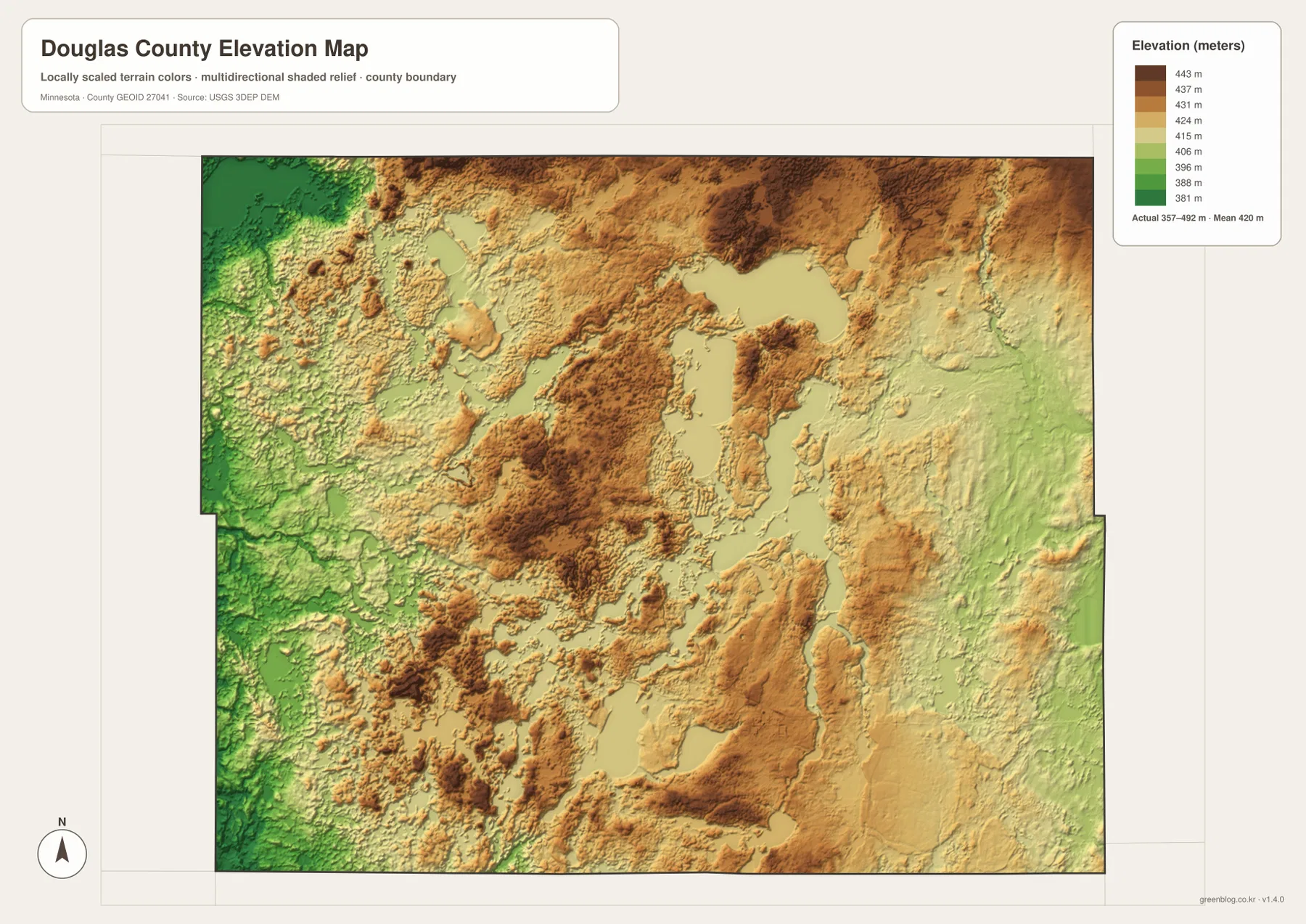 Elevation map of Douglas County Minnesota showing relief from about 357 to 492 meters