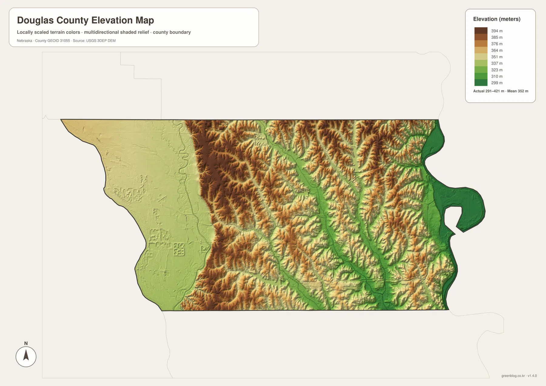 낮은 Missouri River·Elkhorn River 저지와 높은 중앙·북서부 구릉을 보여 주는 Douglas County 고도 지도