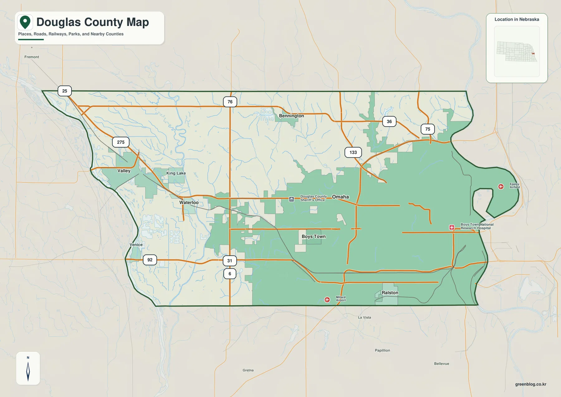 Omaha, Valley, Waterloo, Bennington, Boys Town, Ralston과 주요 도로를 보여 주는 Douglas County 지도
