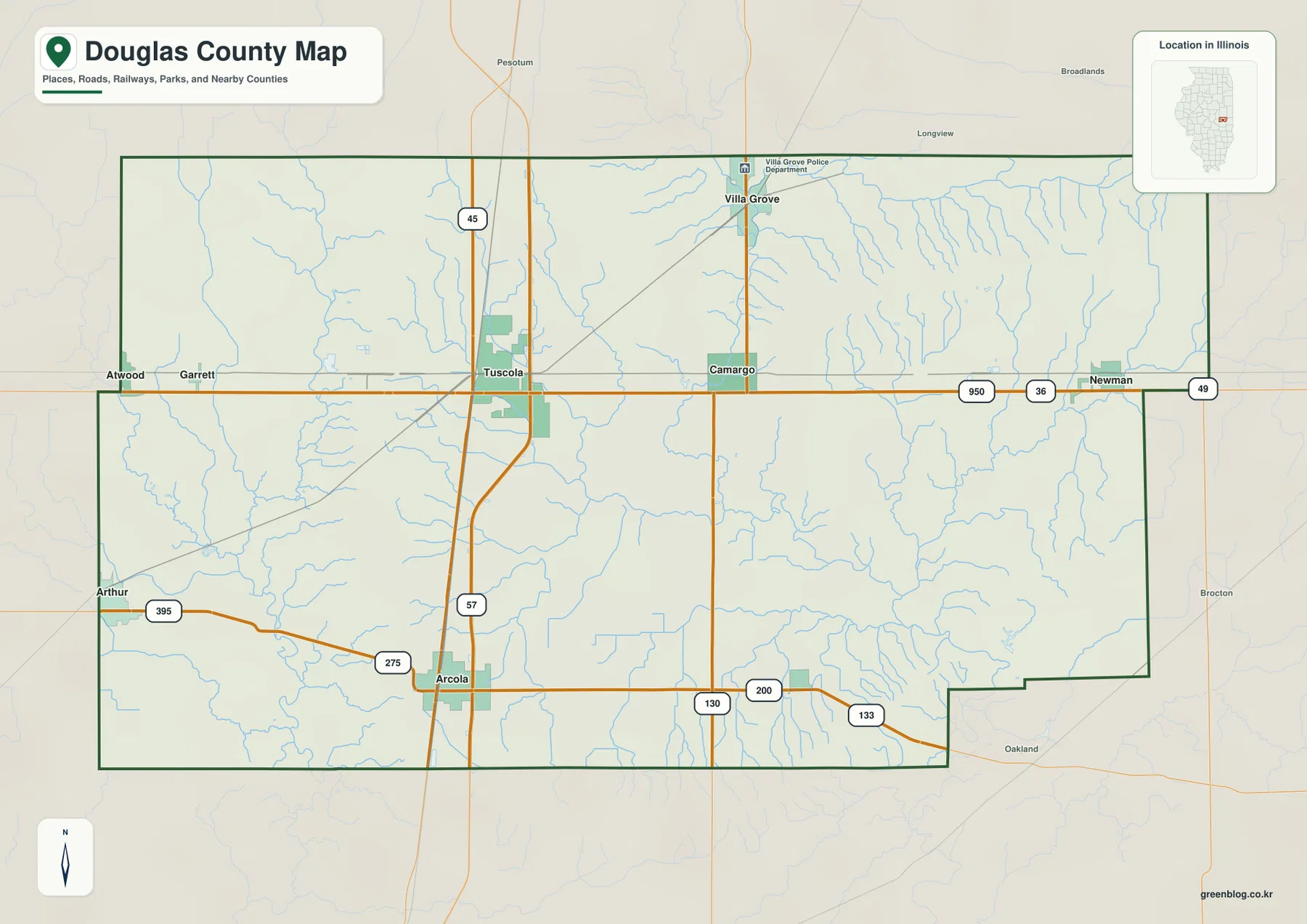 Douglas County Illinois overview map showing Tuscola, Villa Grove, Arcola, Arthur, Camargo, Newman, major roads, railways, streams, and county boundaries