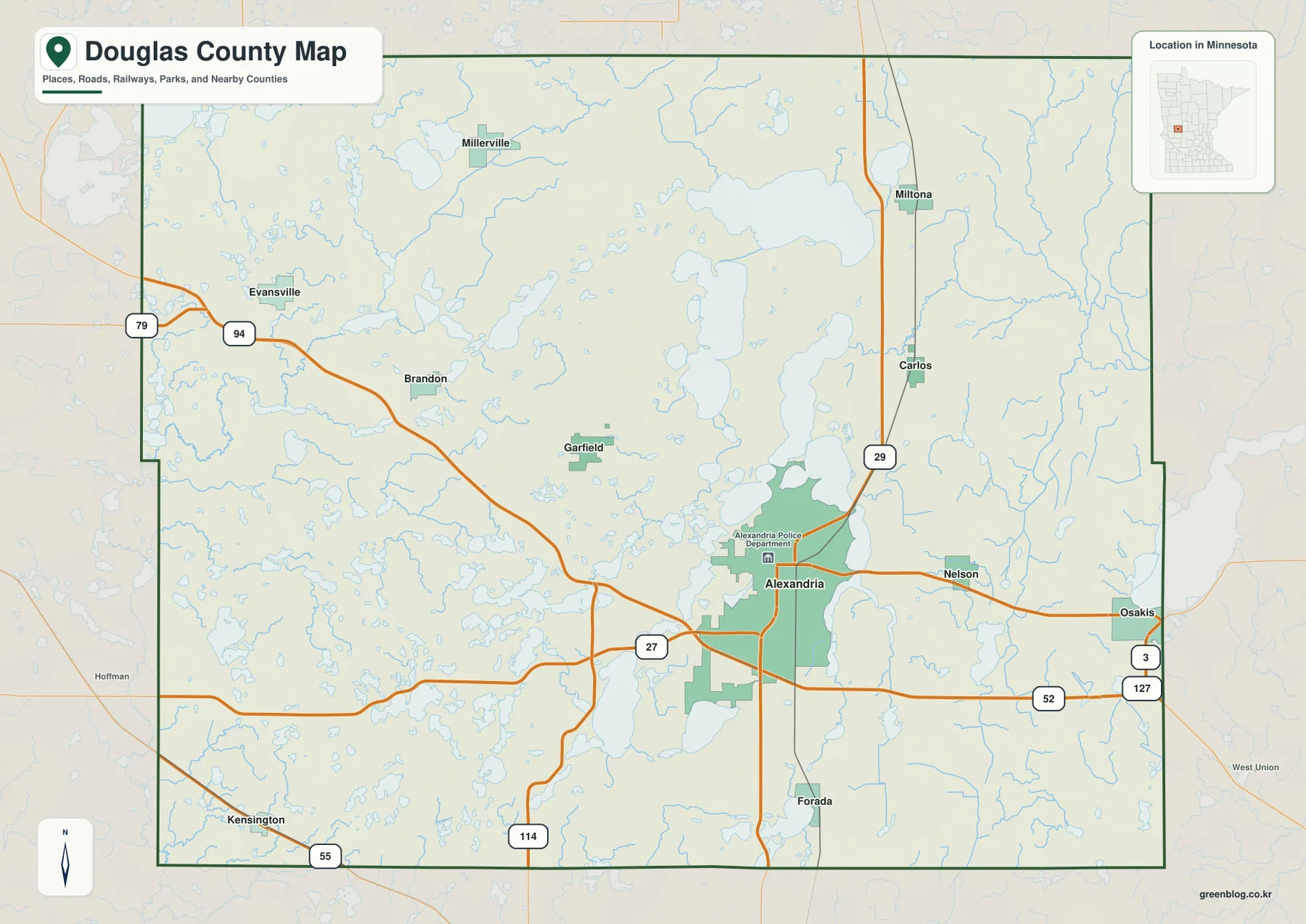 General map of Douglas County Minnesota showing Alexandria, roads, lakes, and nearby communities