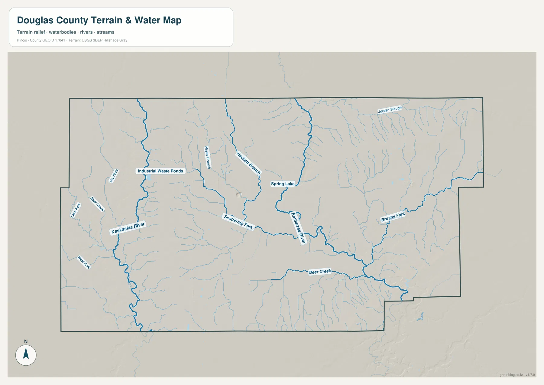 Douglas County Illinois terrain and water map showing Kaskaskia River, Embarras River, Scattering Fork, Brushy Fork, Deer Creek, Hackett Branch, Spring Lake, and Jordan Slough