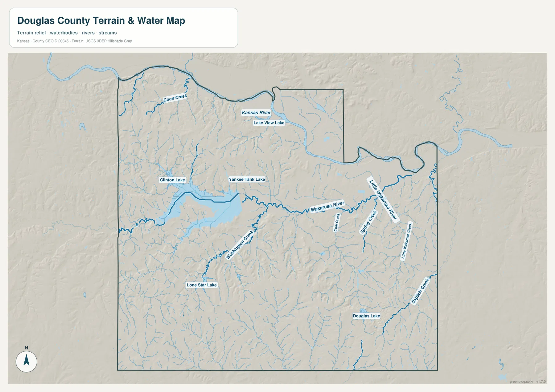 더글러스 카운티 수역 지도에 표시된 Kansas River, Wakarusa River, Clinton Lake, Coon Creek, Washington Creek과 주요 지류