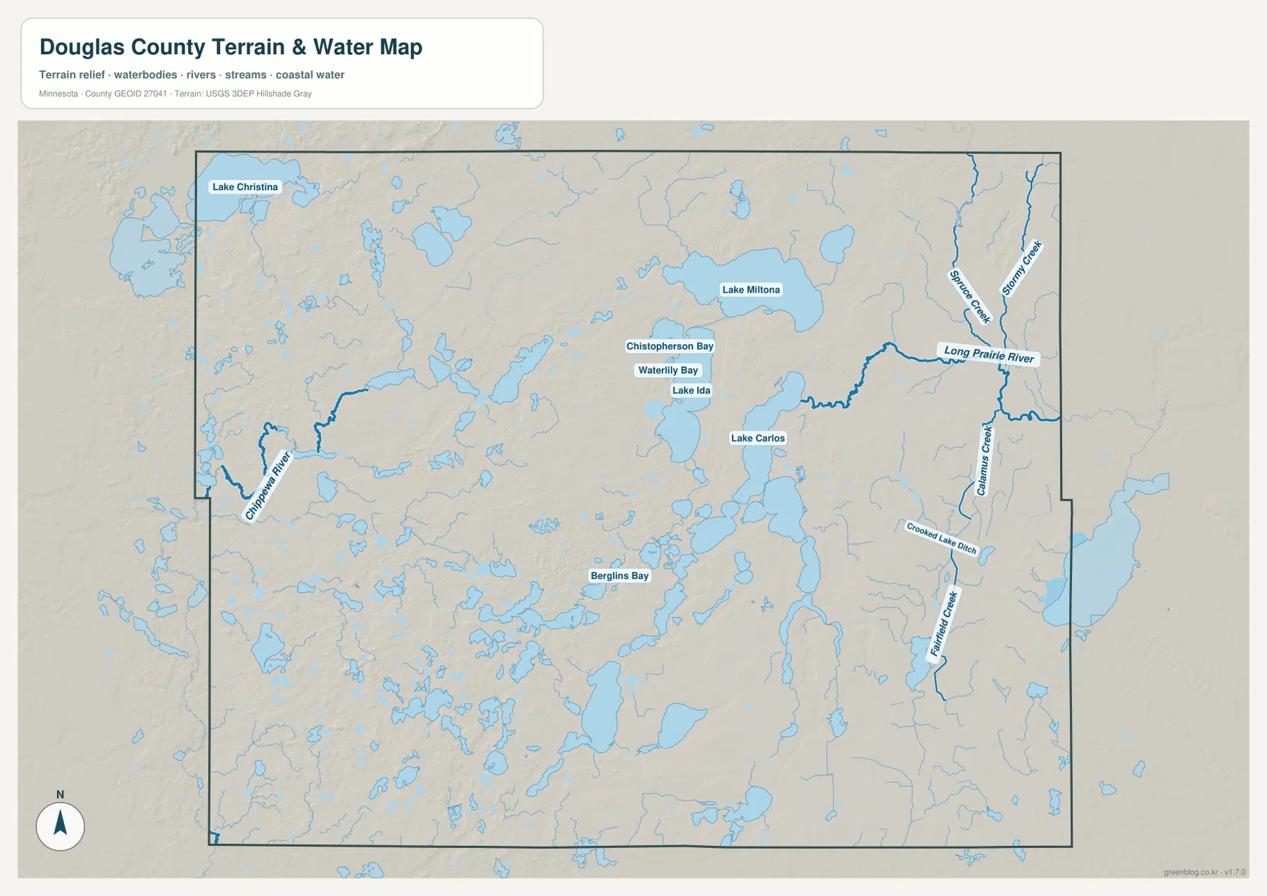 Water map of Douglas County showing Lake Carlos, Lake Ida, Lake Miltona, Long Prairie River, and Chippewa River