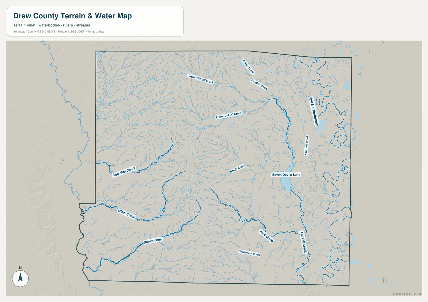 Bayou Bartholomew, Ten Mile Creek, Clear Creek, Wolf Creek, Cut Off Creek와 Seven Devils Lake를 표시한 드루 카운티 수역 지도