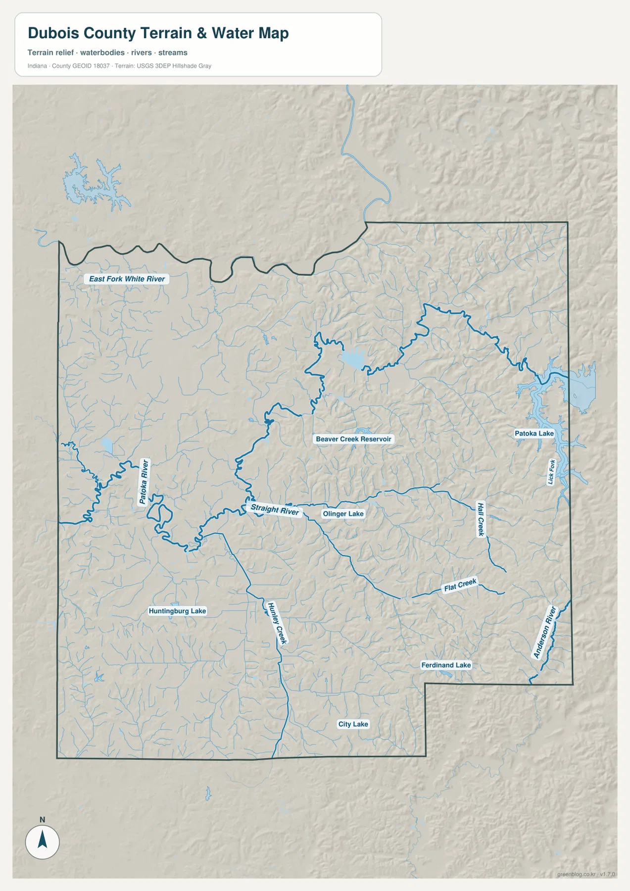Dubois County 지형 수역 지도에서 Patoka River, East Fork White River, Beaver Creek Reservoir, Patoka Lake, Huntingburg Lake와 Ferdinand Lake를 표시한 모습