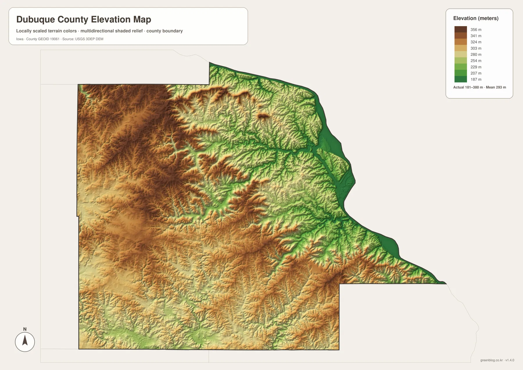 Dubuque County Iowa elevation map 181 to 380 meters Mississippi River valleys and western uplands
