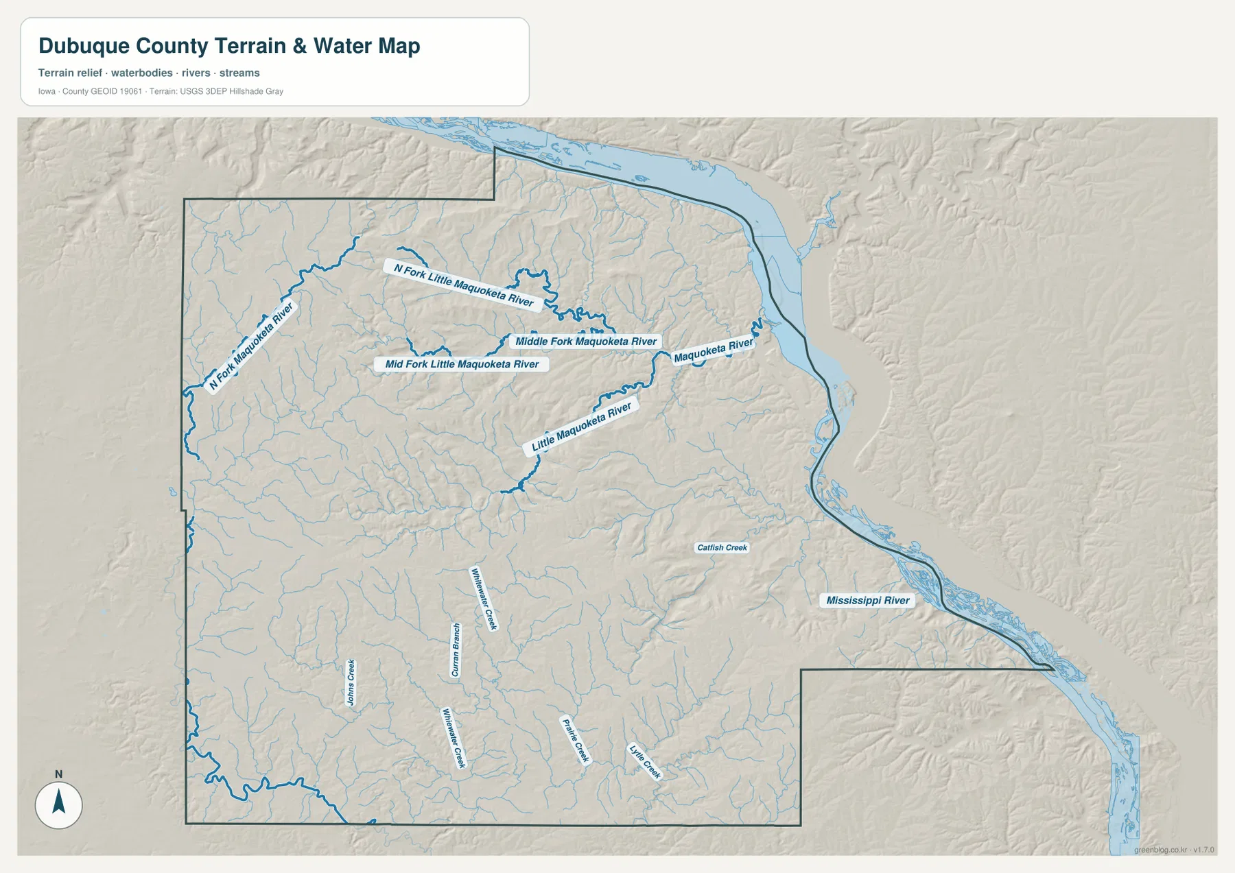 Dubuque County water map with Mississippi River Little Maquoketa River and Catfish Creek