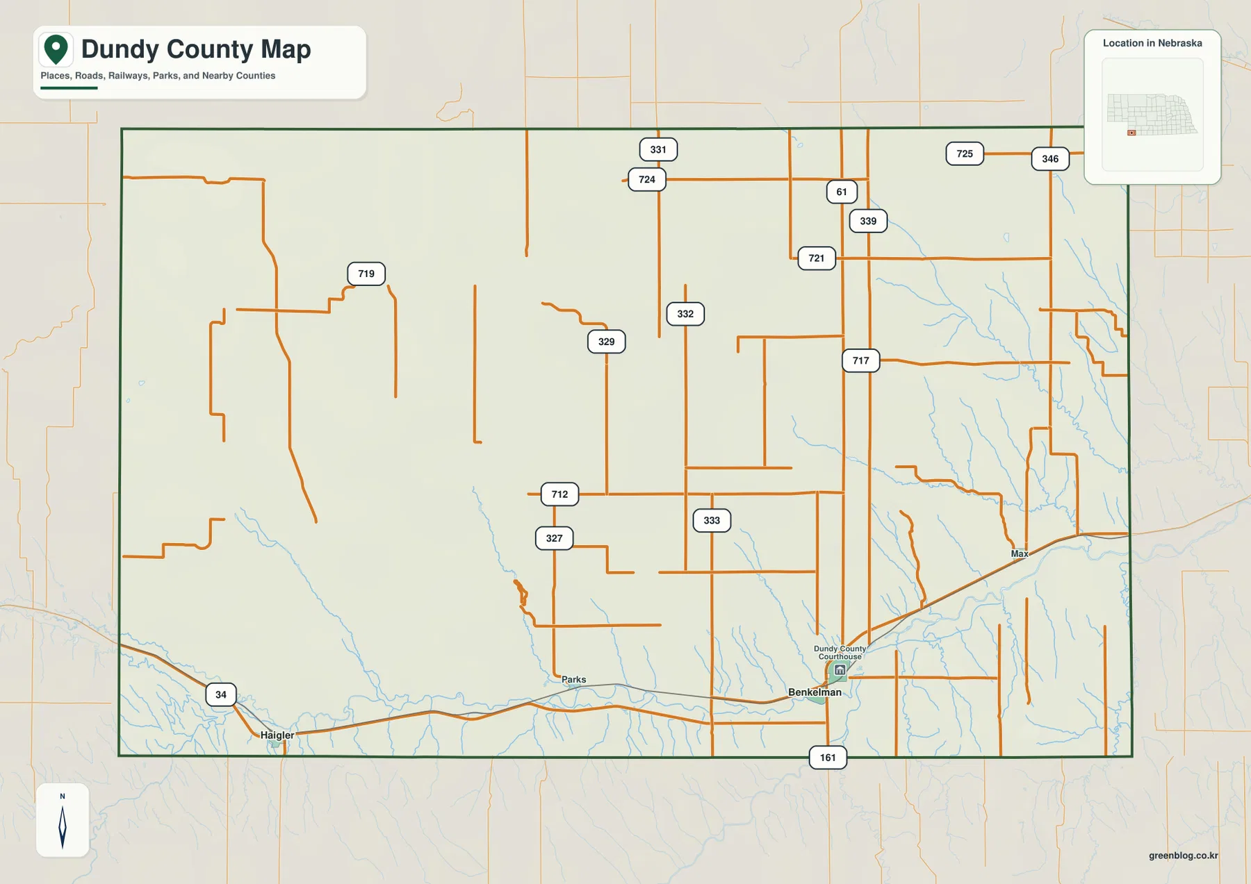 Benkelman, Haigler, Parks, Max와 U.S. 34, 61번, 161번 도로를 보여 주는 Dundy County 지도