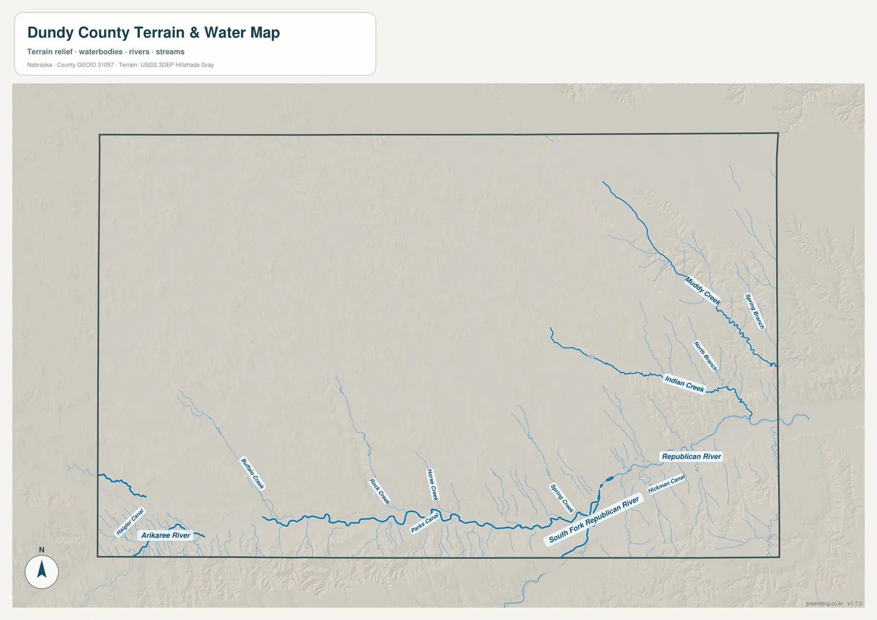 Arikaree River, South Fork Republican River, Republican River, Indian Creek, Muddy Creek, Rock Creek와 canal을 보여 주는 Dundy County 수역 지도