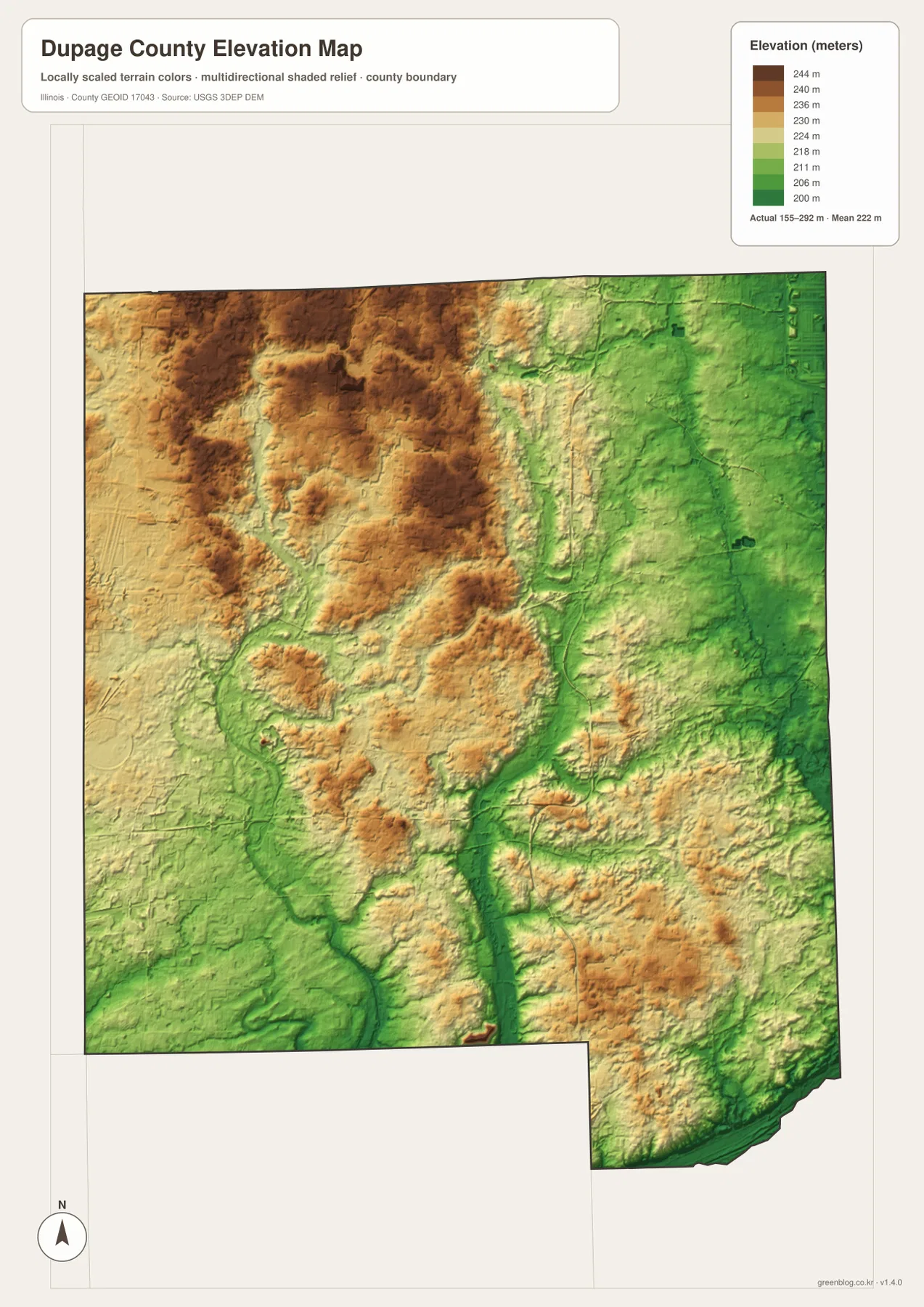 DuPage County Illinois elevation map showing high northwest terrain and lower eastern and southeastern ground across an actual range of about 155 to 292 meters