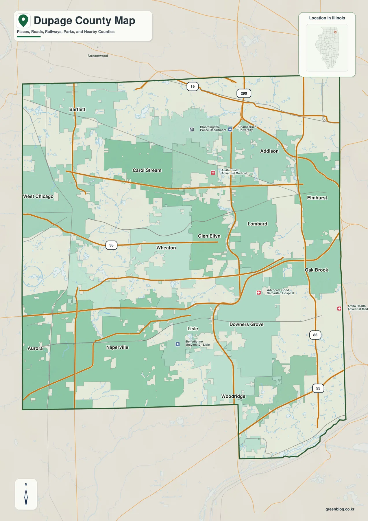 DuPage County Illinois overview map showing Wheaton, Naperville, Downers Grove, Elmhurst, Lombard, Bartlett, major roads, railways, and county boundaries
