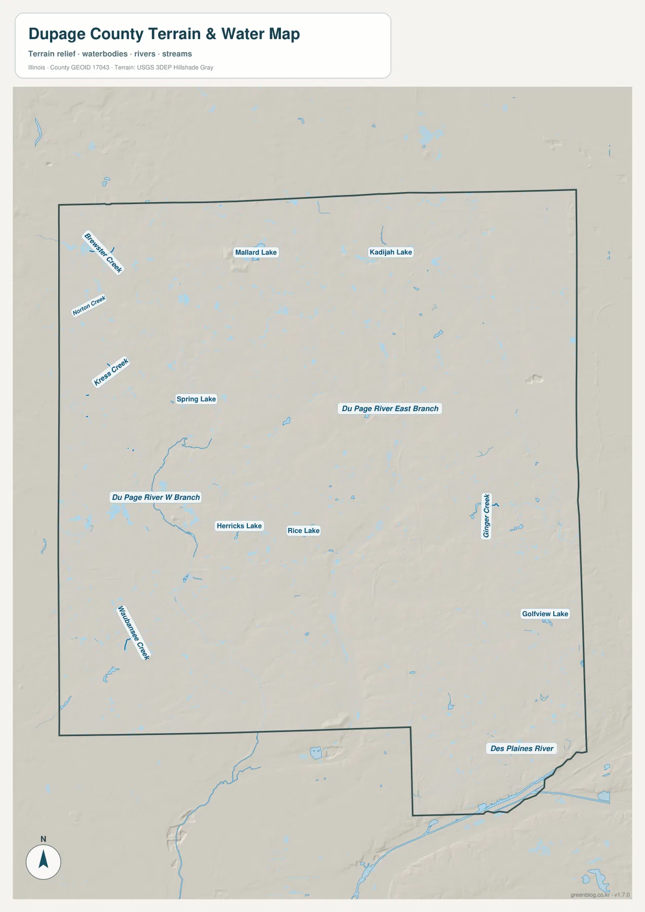 DuPage County Illinois terrain and water map showing West Branch DuPage River, East Branch DuPage River, Des Plaines River, Spring Lake, Mallard Lake, Ginger Creek, and tributaries