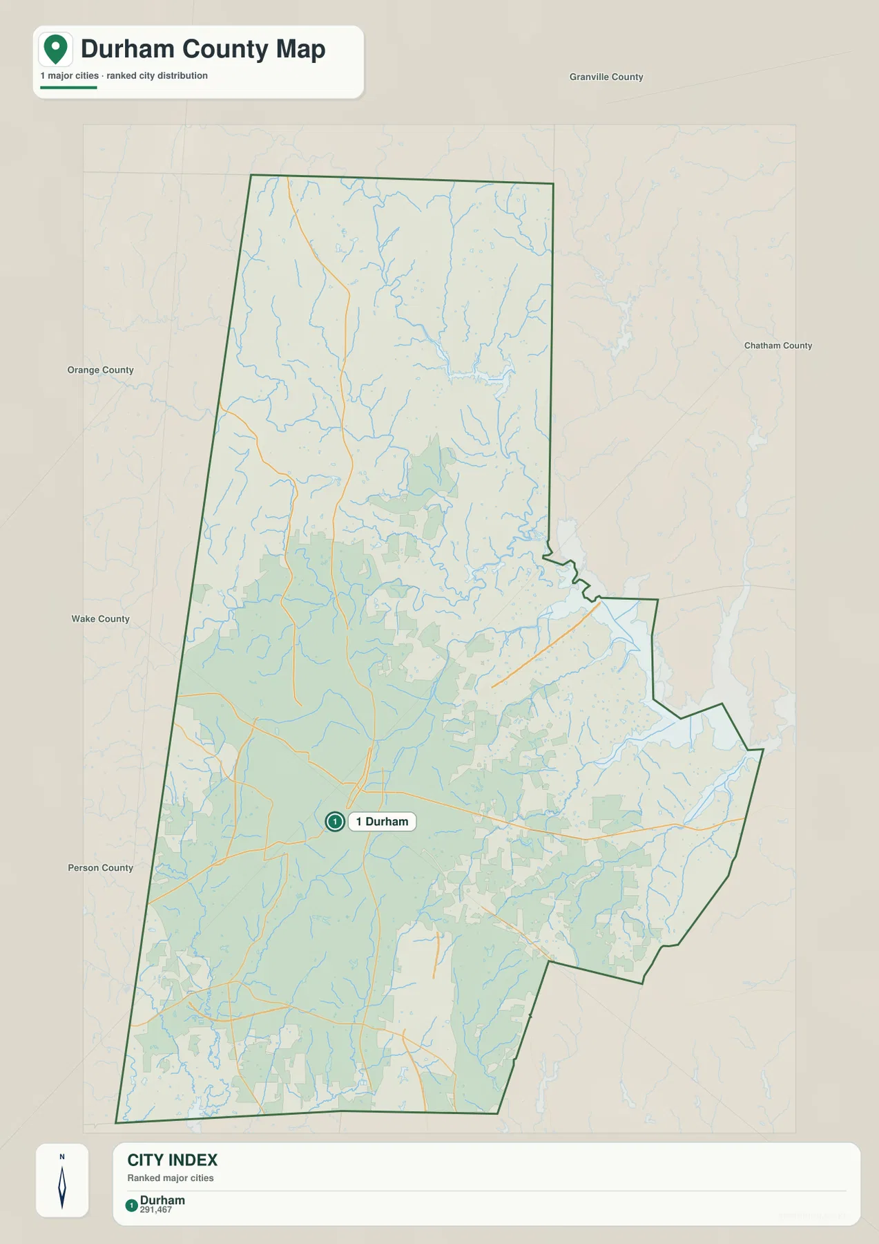 Durham County city map showing Durham as the single ranked major city