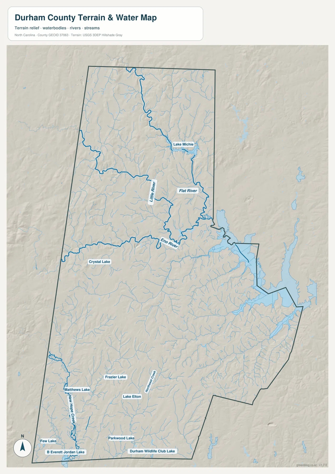 Durham County water terrain map showing Eno River Little River Flat River Lake Michie and New Hope Creek