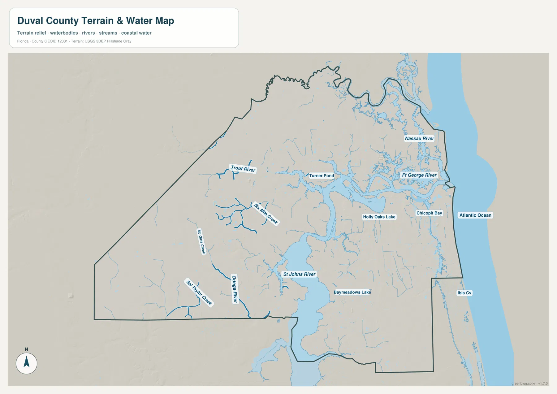 Duval County water map showing St. Johns River, Trout River, Ortega River, Nassau River, and Fort George River