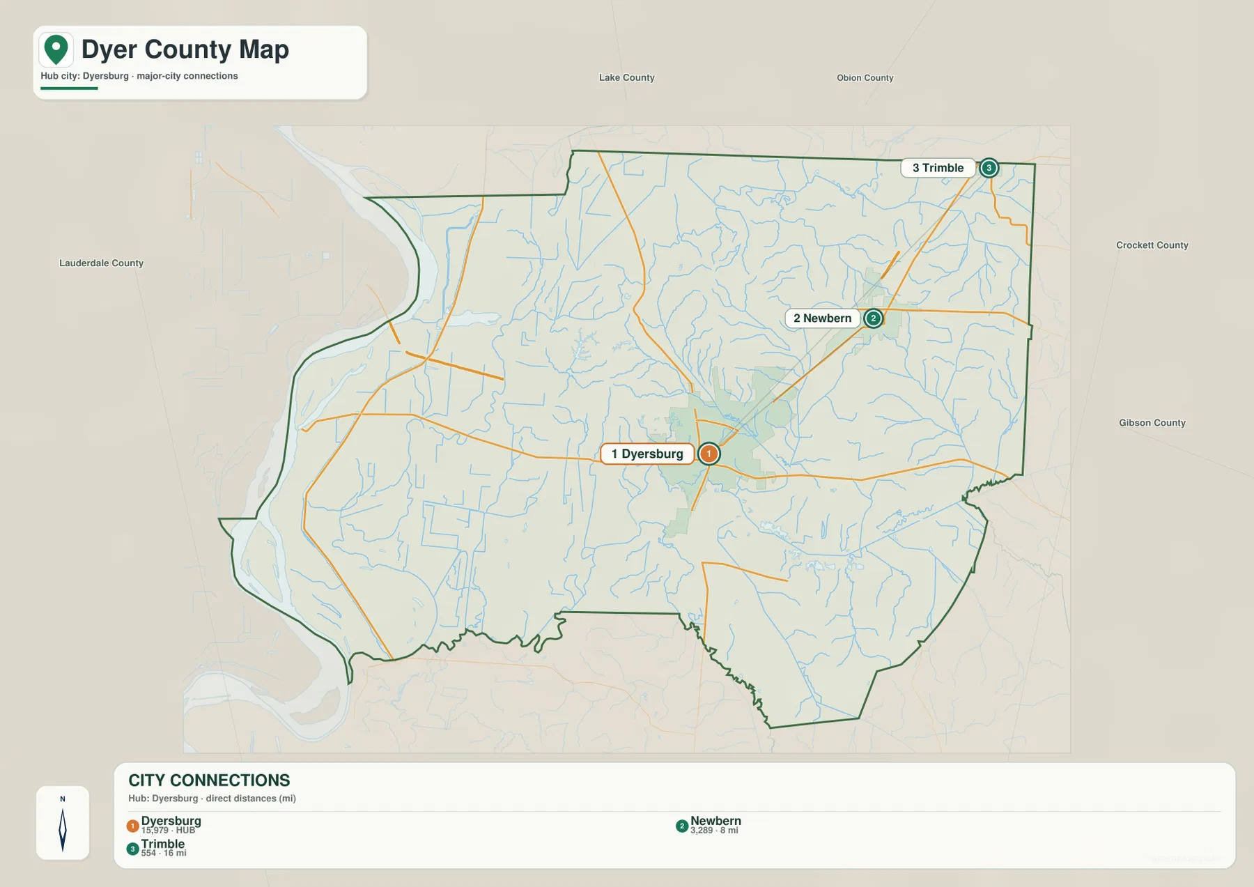 Dyer County city map showing Dyersburg, Newbern, Trimble and their relative distances