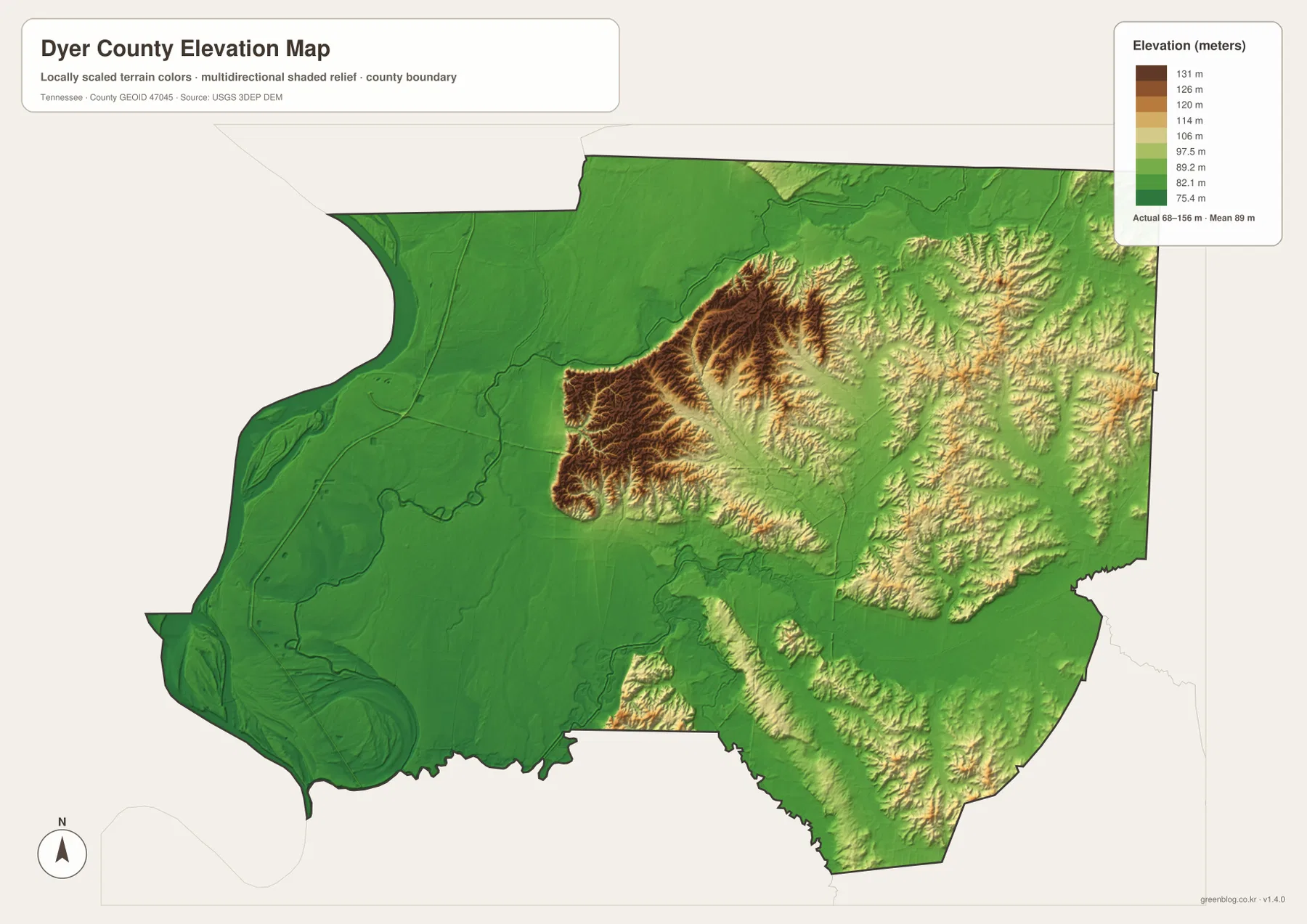 Dyer County elevation map showing the 68 to 156 meter Mississippi lowland and interior ridges
