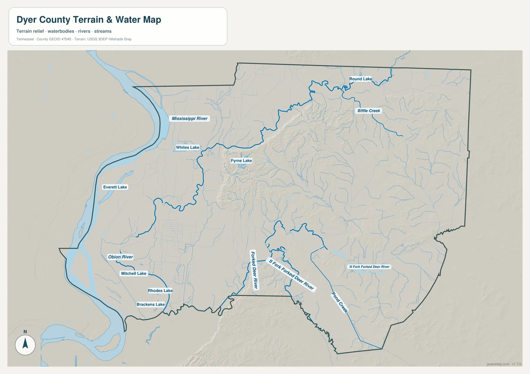 Dyer County water map with Mississippi River, Obion River, Forked Deer River and named lakes