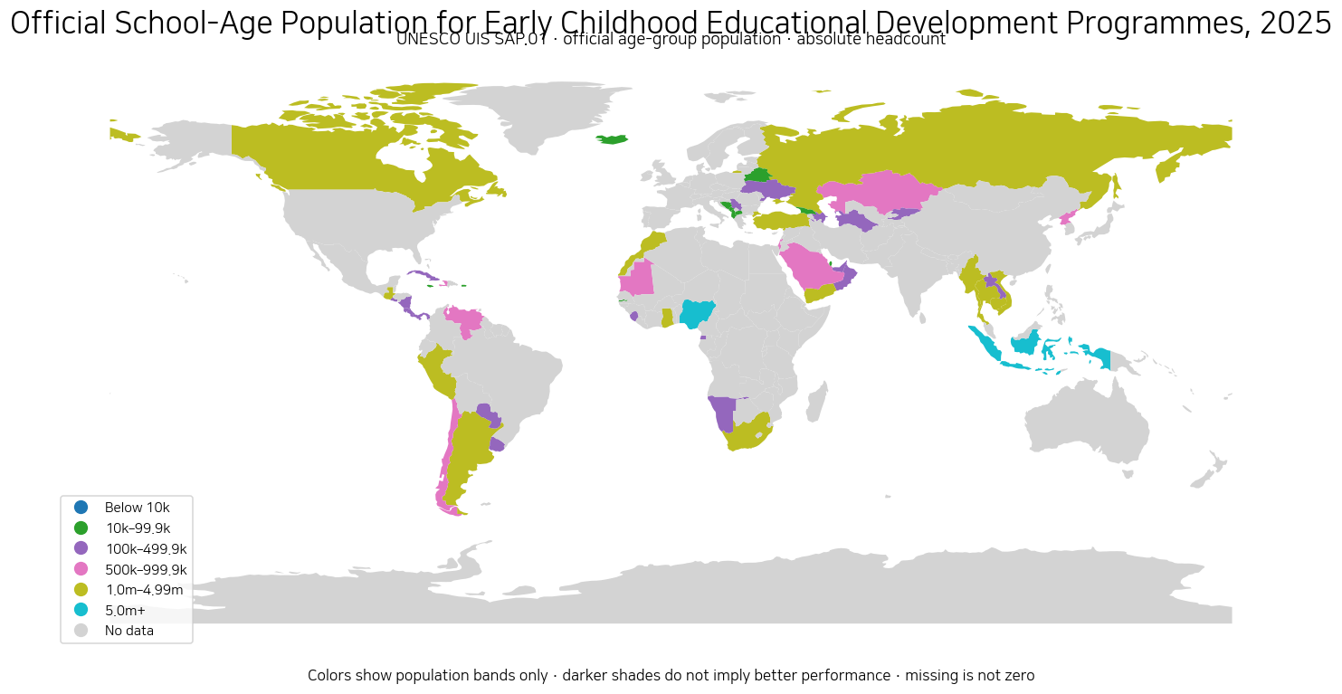 World map of the official school-age population for early childhood educational development programmes in 2025