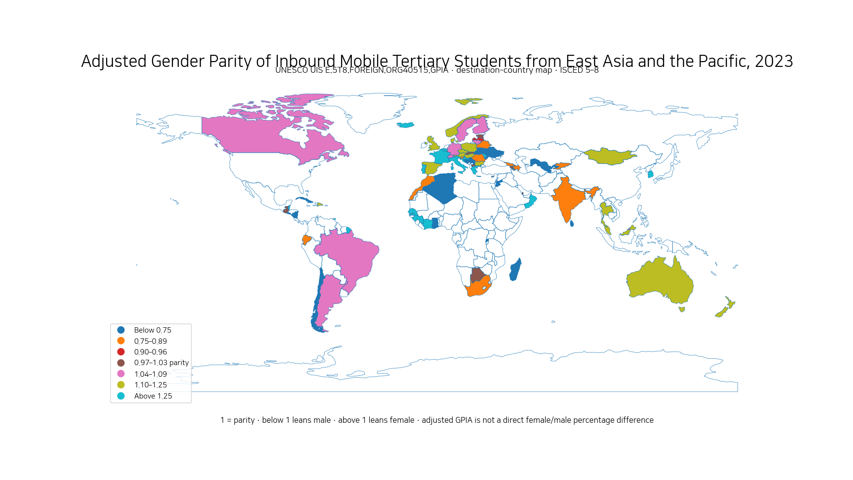 World map of the adjusted gender parity index for inbound mobile tertiary students from East Asia and the Pacific by destination country in 2023